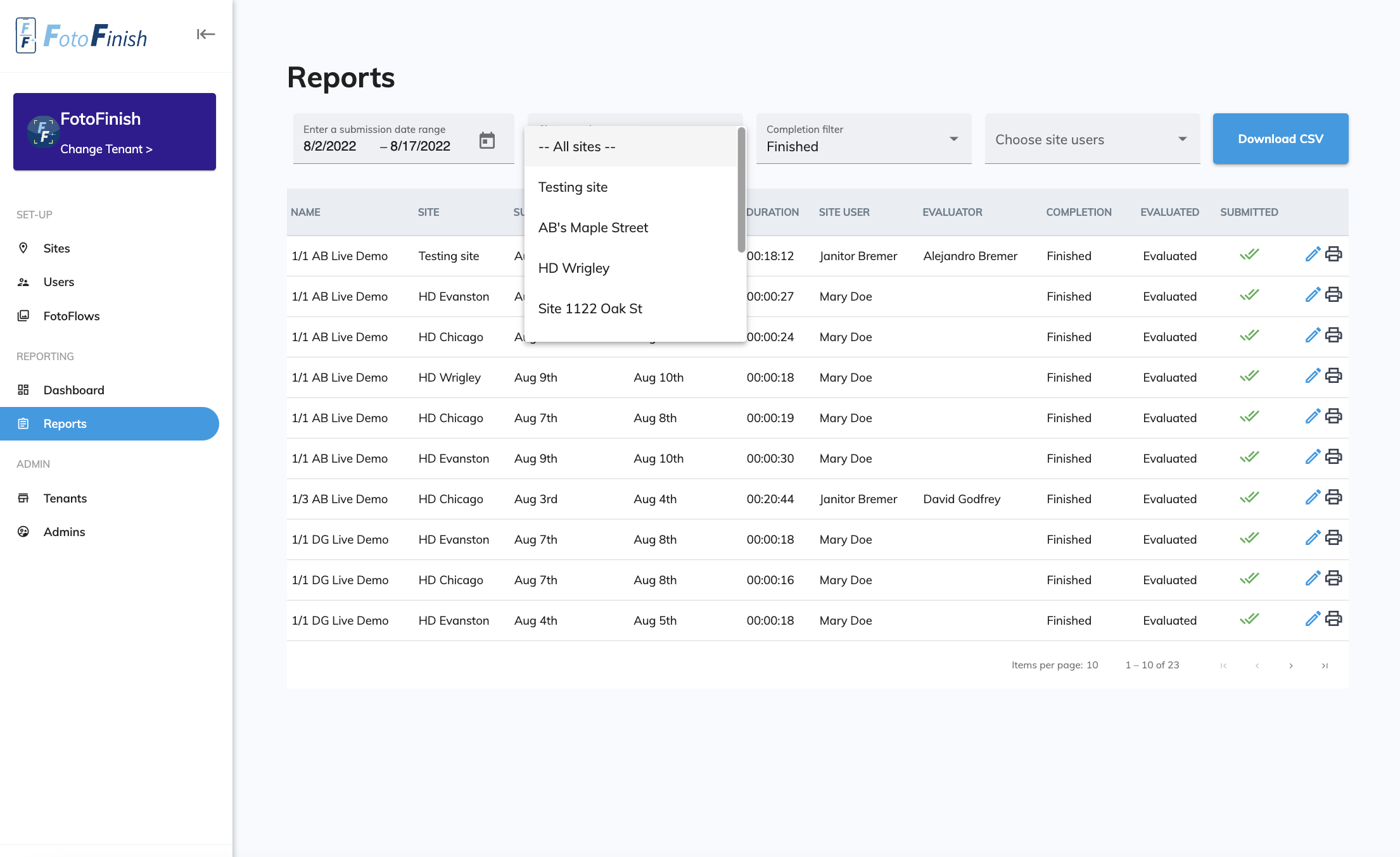 FotoFinish web dashboard displaying history of photo reports across multiple sites with compliance trend data